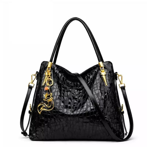 Bolsa Feminina  Grande Preta  De Couro Genuíno  Modelo Foxer Royale Black