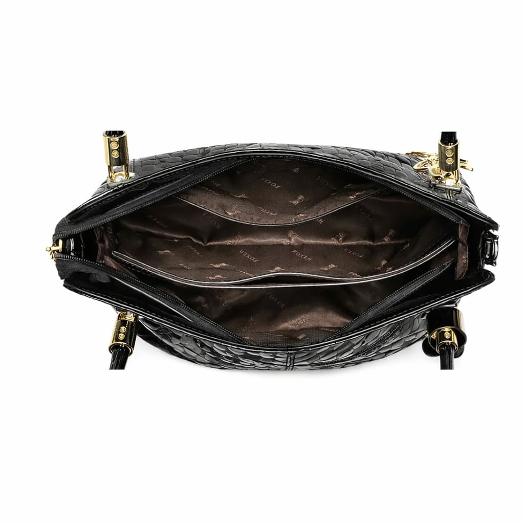 Bolsa Feminina  Grande Preta  De Couro Genuíno  Modelo Foxer Royale Black