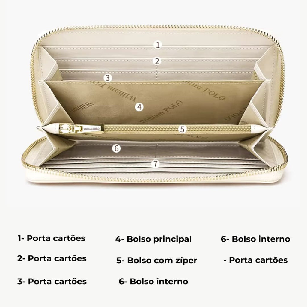 Carteira feminina Grande De Couro Genuíno  Modelo Rivolle- Linha WilliamPolo