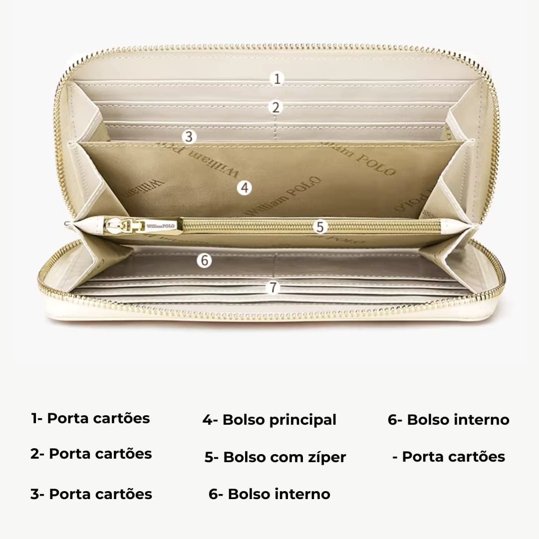 Carteira feminina Grande De Couro Genuíno  Modelo Rivolle- Linha WilliamPolo