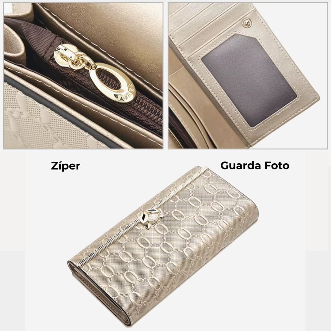 Carteira Feminina Grande De Couro Refinado Modelo Foxer Sélune Beige