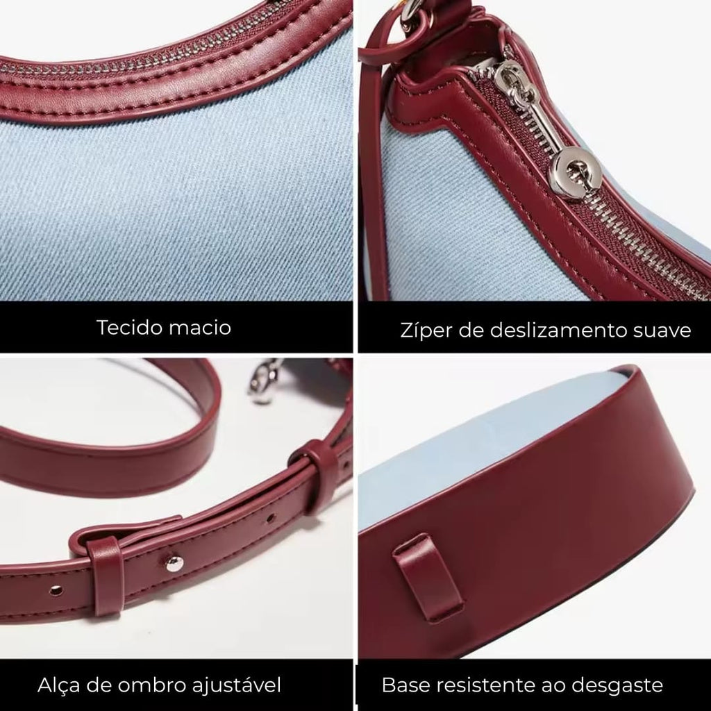 Detalhe do tecido jeans e acabamento em couro da bolsa FOXER Jeans Luxe