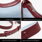 Detalhe do tecido jeans e acabamento em couro da bolsa FOXER Jeans Luxe